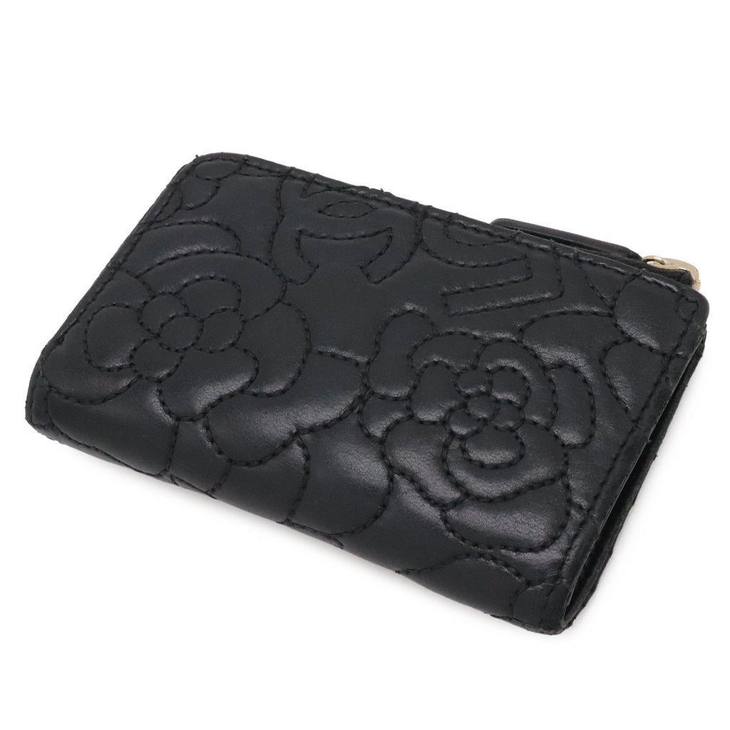 Chanel Camellia CC Logo Coin Purse L-shaped Zipper Lambskin Leather Black Gold — view 2