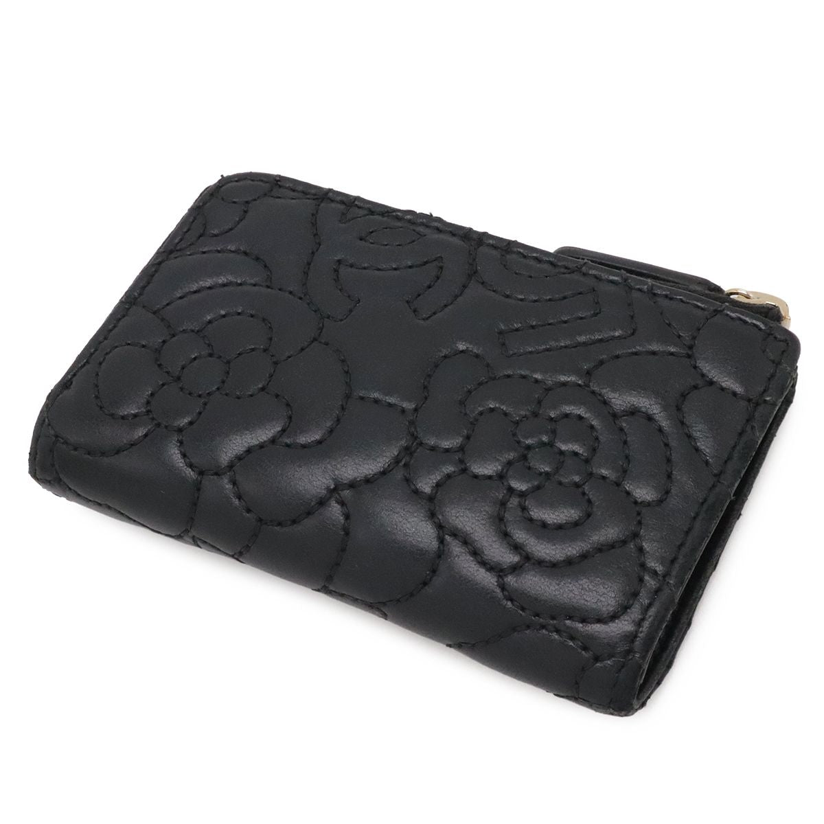 Chanel Camellia CC Logo Coin Purse L-shaped Zipper Lambskin Leather Black Gold — view 2
