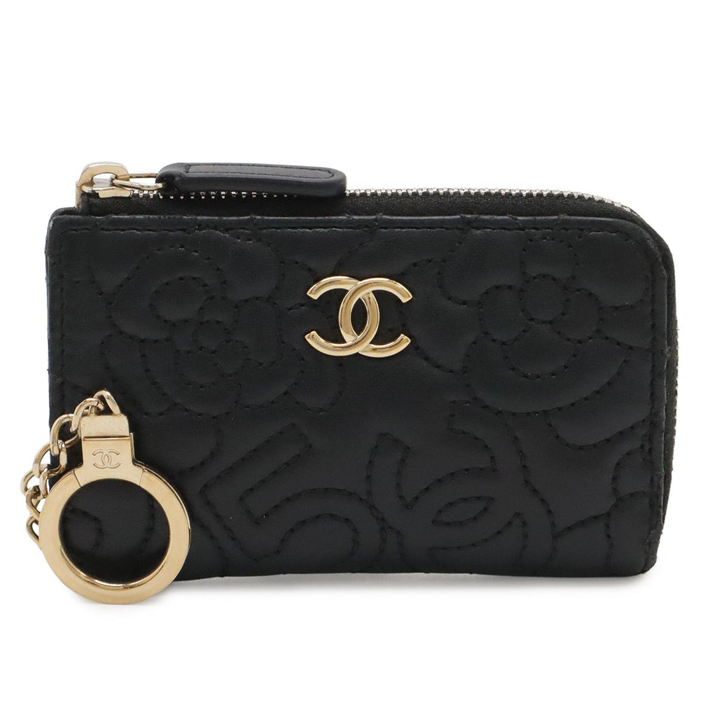 Chanel Camellia CC Logo Coin Purse L-shaped Zipper Lambskin Leather Black Gold