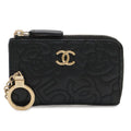 Chanel Camellia CC Logo Coin Purse L-shaped Zipper Lambskin Leather Black Gold