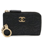 Chanel Camellia CC Logo Coin Purse L-shaped Zipper Lambskin Leather Black Gold