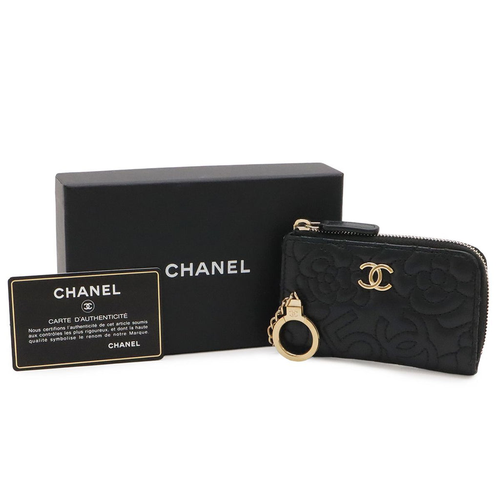 Chanel Camellia CC Logo Coin Purse L-shaped Zipper Lambskin Leather Black Gold — view 8