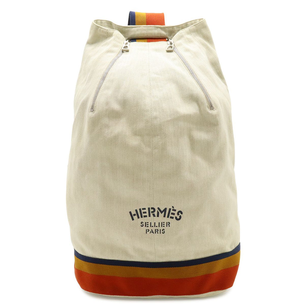 Hermes Cavalier Shoulder Bag Canvas Natural Orange Yellow Navy Silver