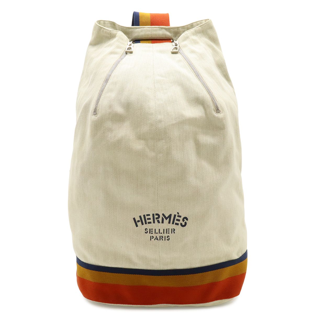 Hermes Cavalier Shoulder Bag Canvas Natural Orange Yellow Navy Silver