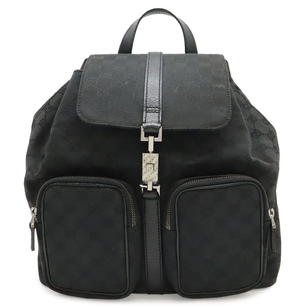 Gucci GG Canvas Jackie Line Backpack Leather Black Silver
