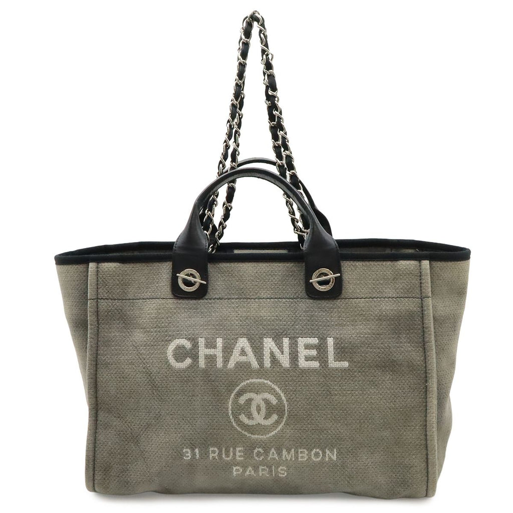 Chanel Deauville Tote GM Logo 2-Way Chain Shoulder Bag Canvas Leather Gray Black