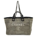 Chanel Deauville Tote GM Logo 2-Way Chain Shoulder Bag Canvas Leather Gray Black