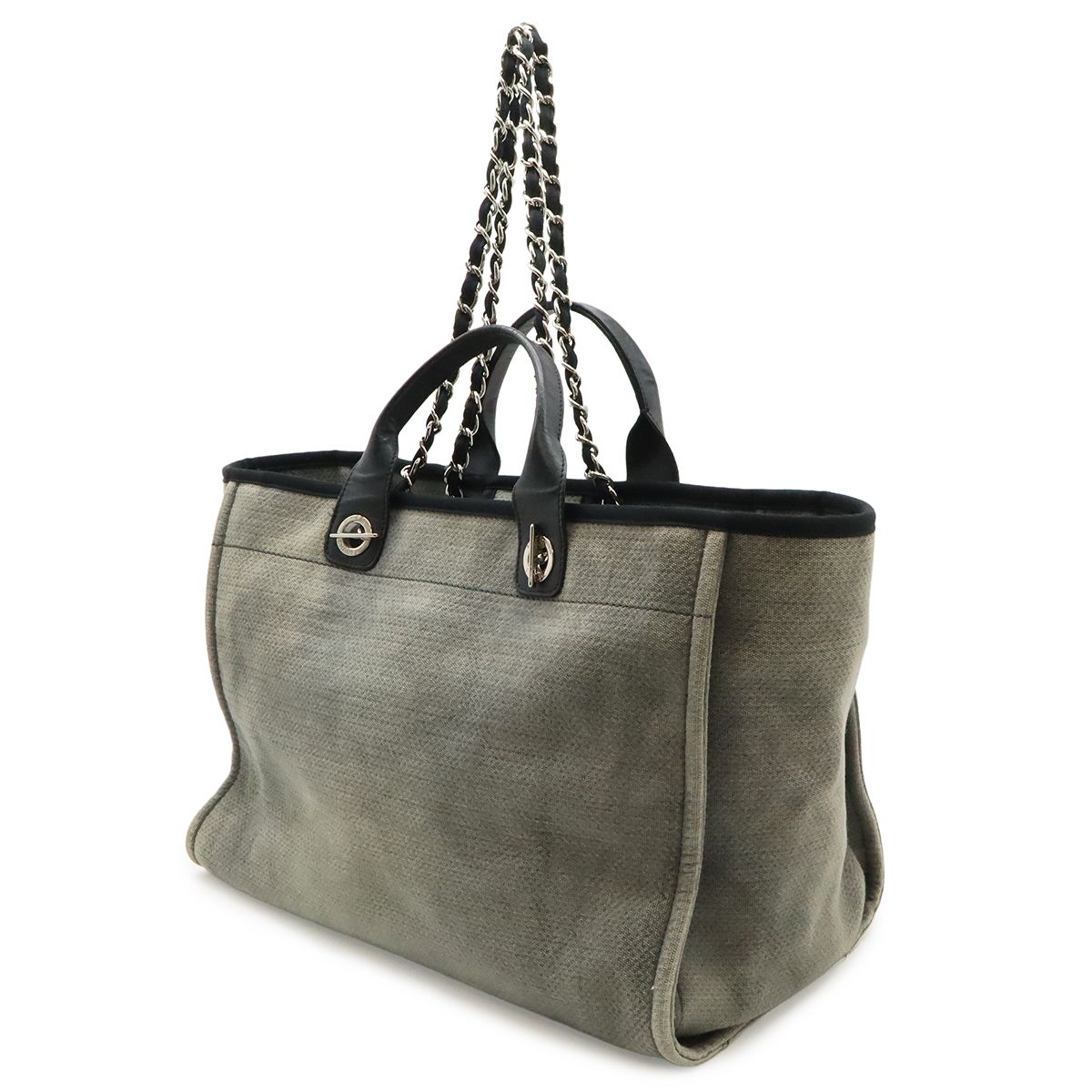 Chanel Deauville Tote GM Logo 2-Way Chain Shoulder Bag Canvas Leather Gray Black — view 2