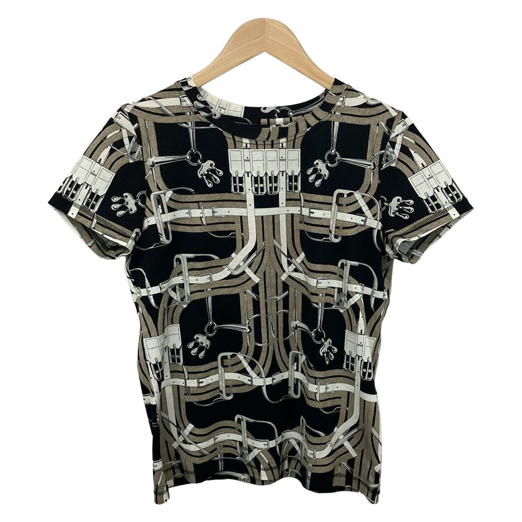 Hermes Short Sleeve T-Shirt 38 M Black White Brown Belt Motif