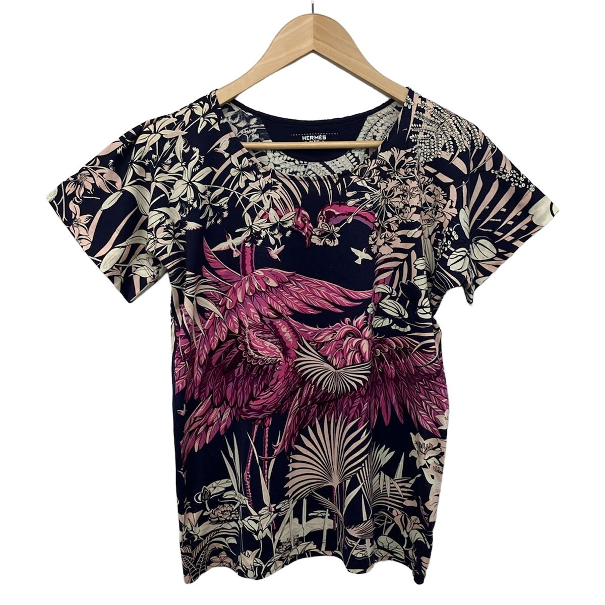 Hermes Short Sleeve T-Shirt 34 S Navy Pink Flamingo Party