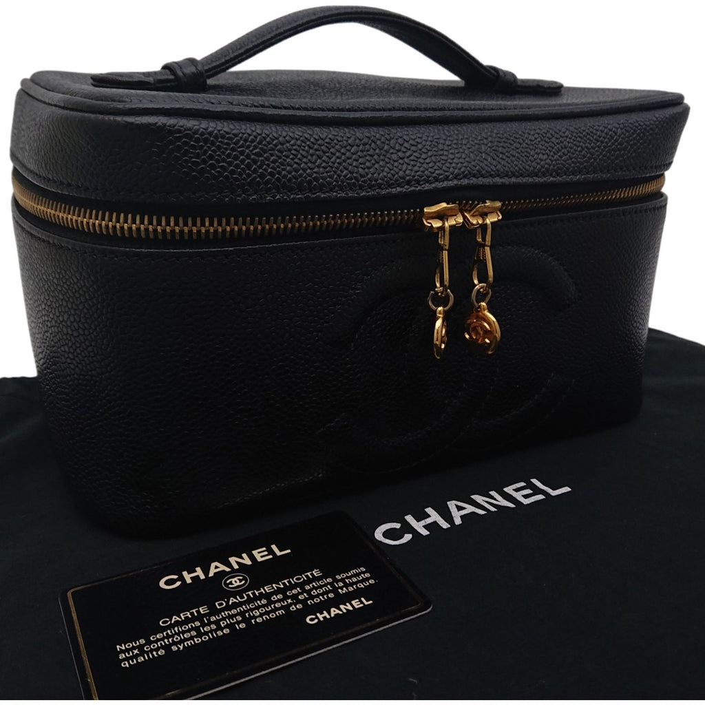Chanel Caviar Leather Vanity Bag CC Logo Black Bag with Card
