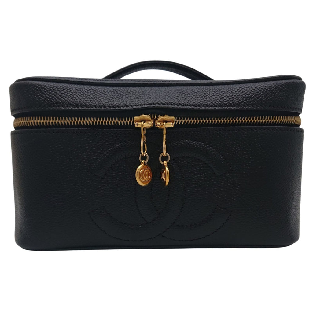 Chanel Caviar Leather Vanity Bag CC Logo Black Bag with Card — view 2
