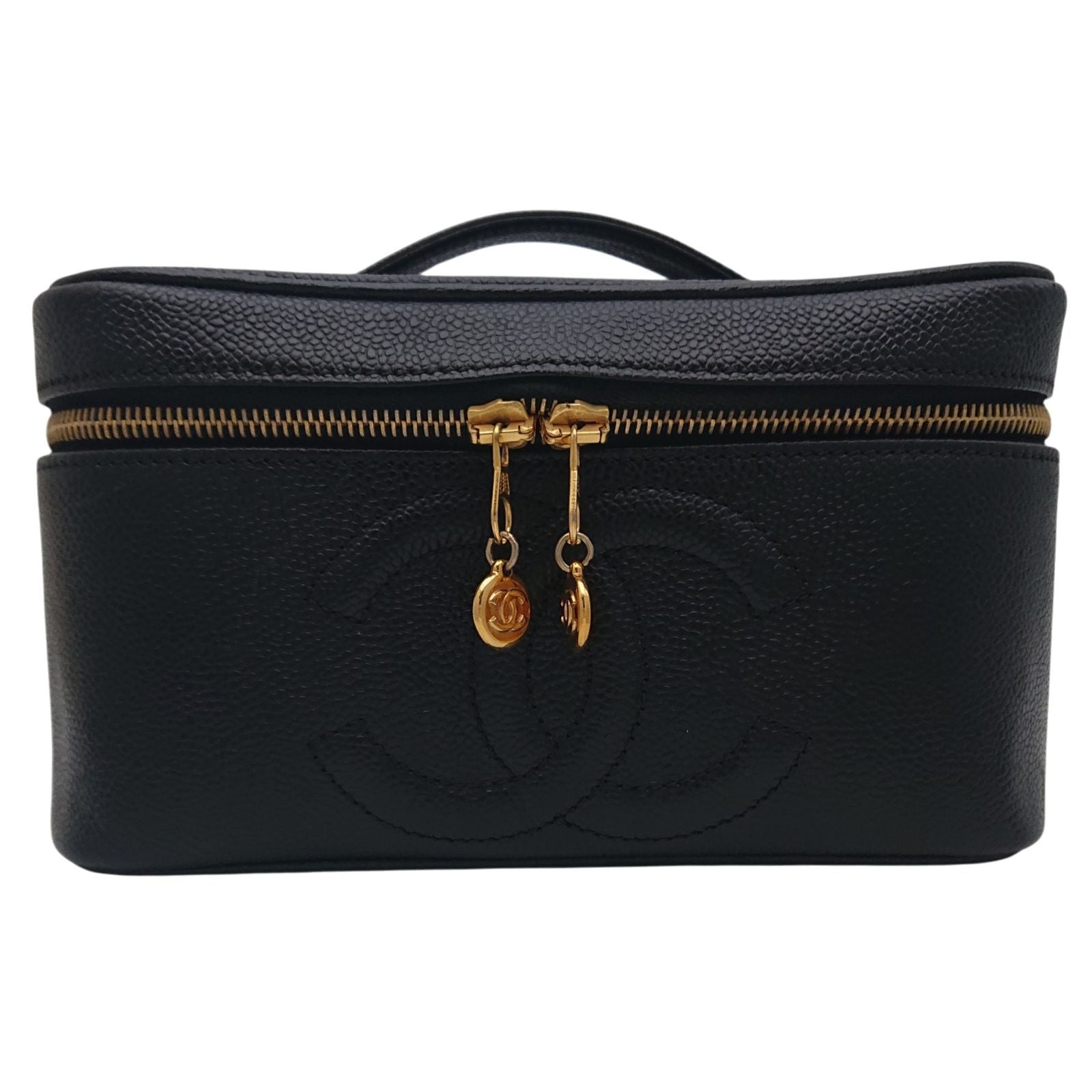 Chanel Caviar Leather Vanity Bag CC Logo Black Bag with Card — view 2