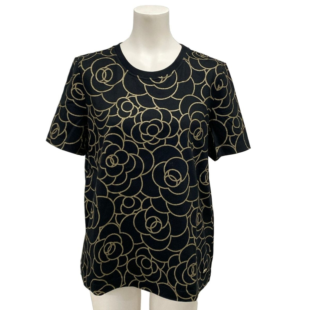 Chanel Short Sleeve T-Shirt 38 M Black Gold Camellia Lame Cotton