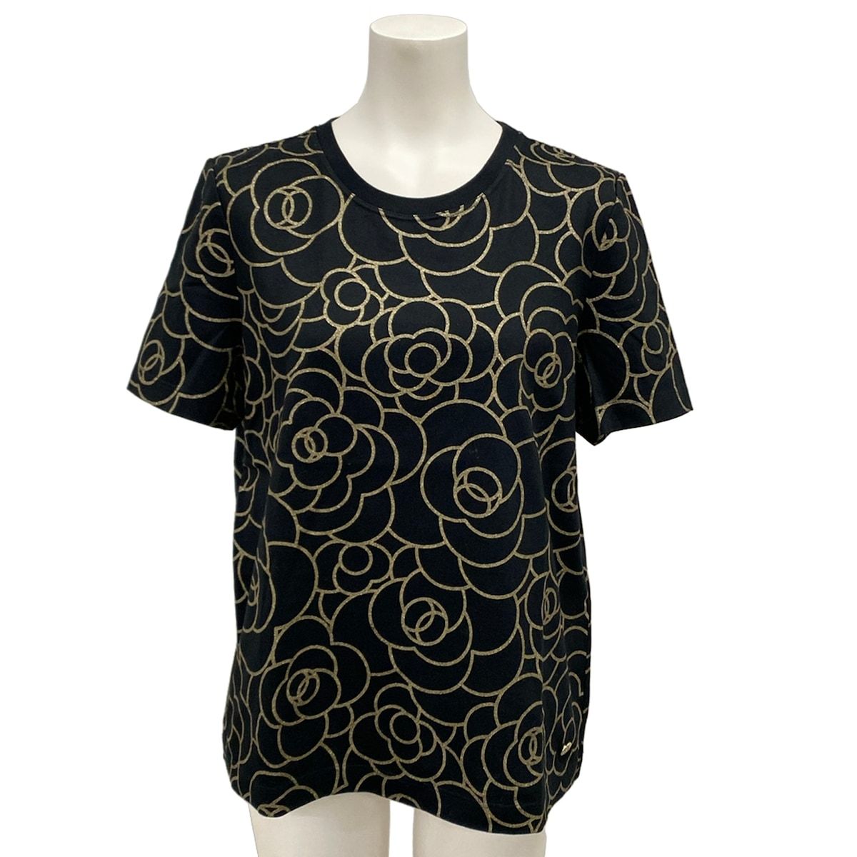 Chanel Short Sleeve T-Shirt 38 M Black Gold Camellia Lame Cotton