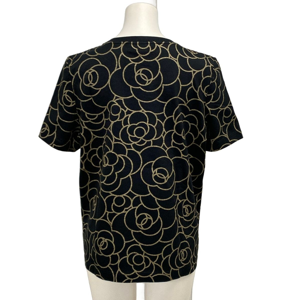 Chanel Short Sleeve T-Shirt 38 M Black Gold Camellia Lame Cotton — view 2