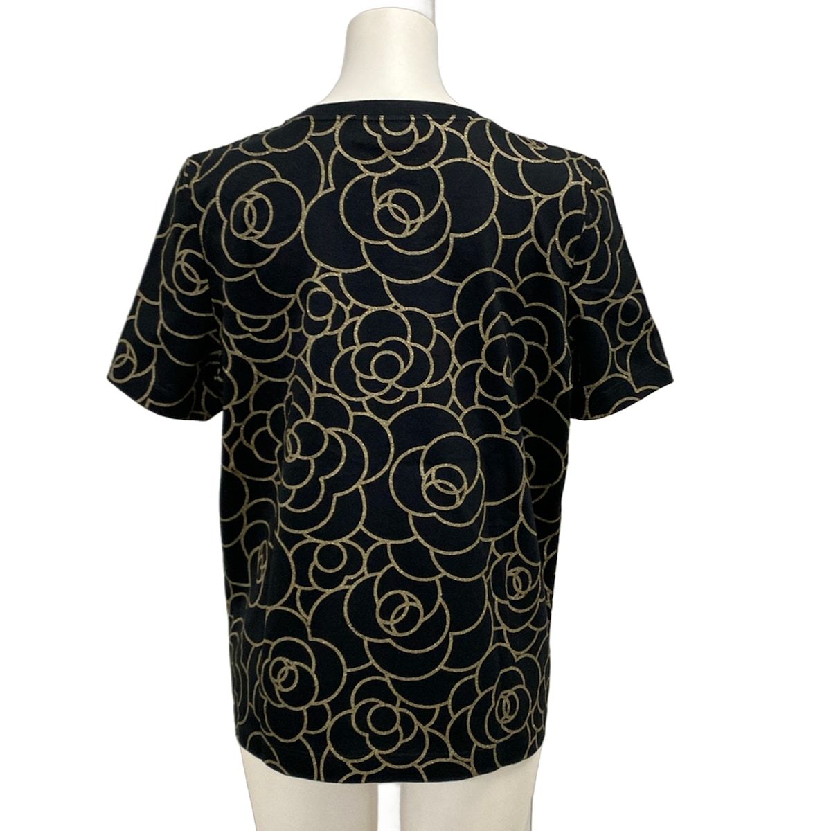 Chanel Short Sleeve T-Shirt 38 M Black Gold Camellia Lame Cotton — view 2