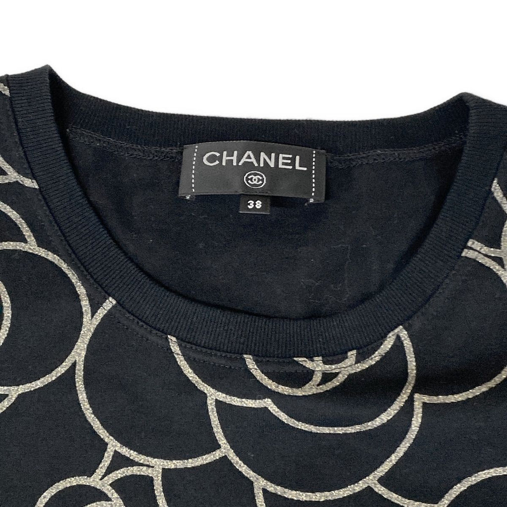 Chanel Short Sleeve T-Shirt 38 M Black Gold Camellia Lame Cotton — view 8