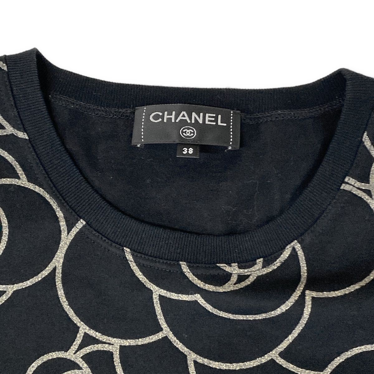 Chanel Short Sleeve T-Shirt 38 M Black Gold Camellia Lame Cotton — view 8