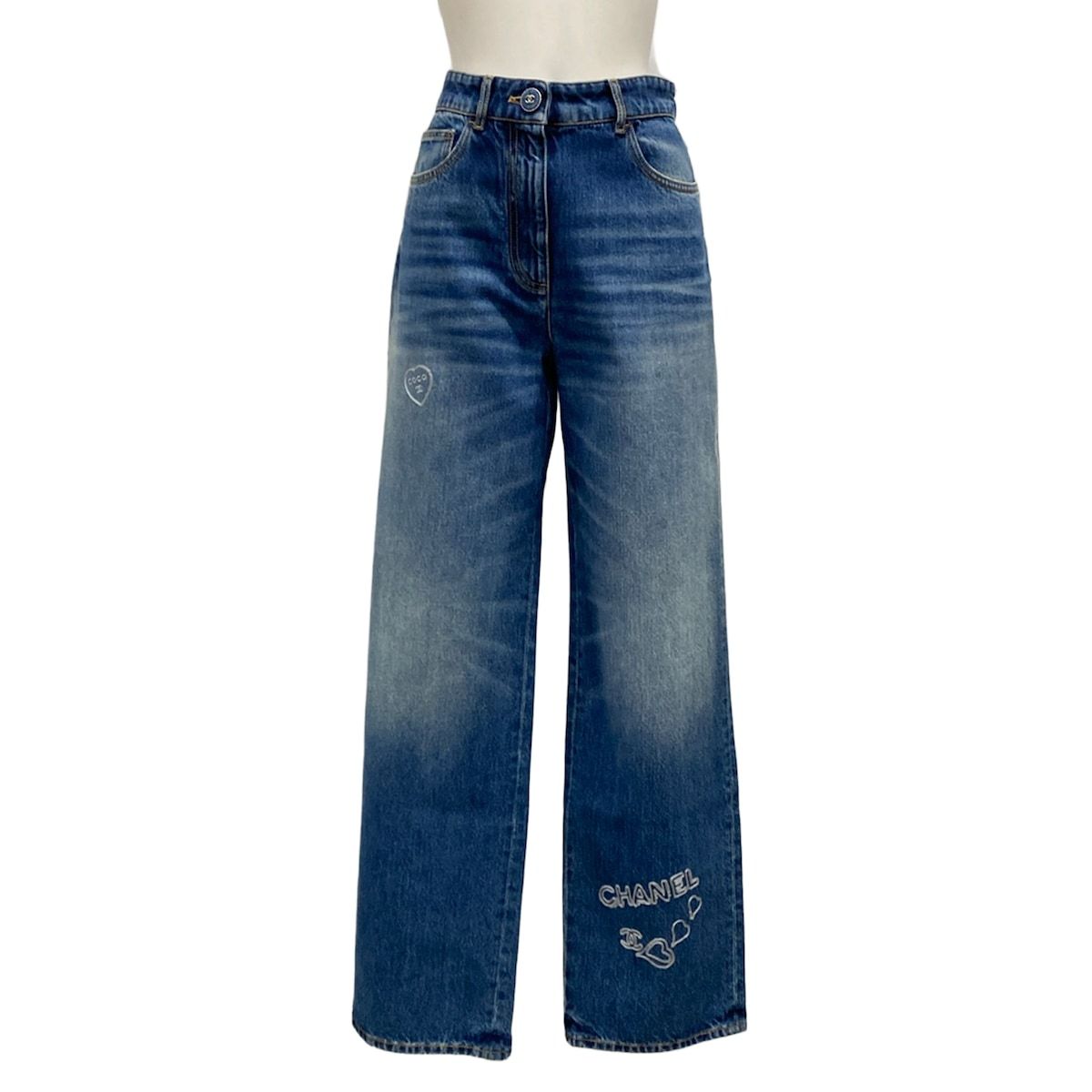 Chanel Jeans 36 S Blue Embroidery Denim Heart Coco Cotton