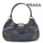 Prada Milano Leather Canvas Hand Bag Navy