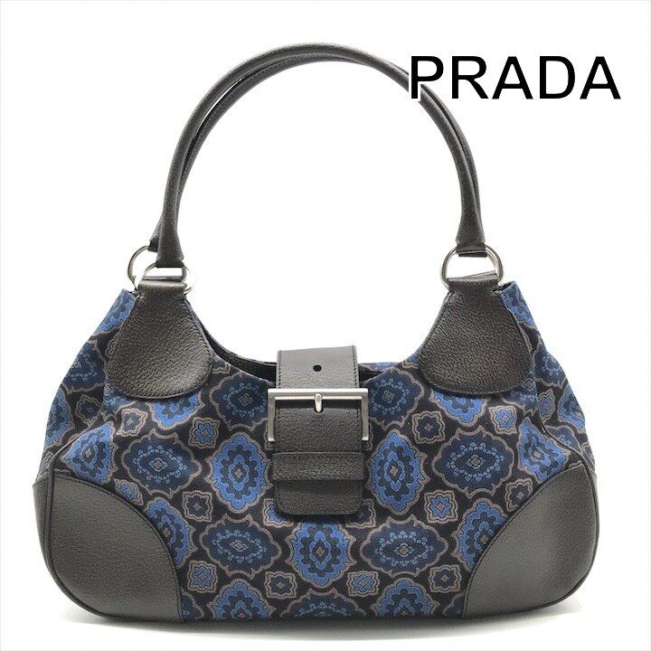 Prada Milano Leather Canvas Hand Bag Navy