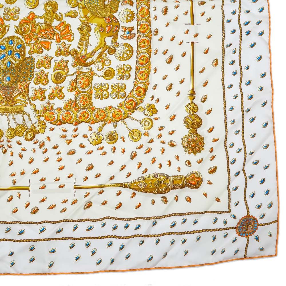 Hermes Carre 90 Tresors Retrouves Hidden Treasure with Card White Orange Scarf