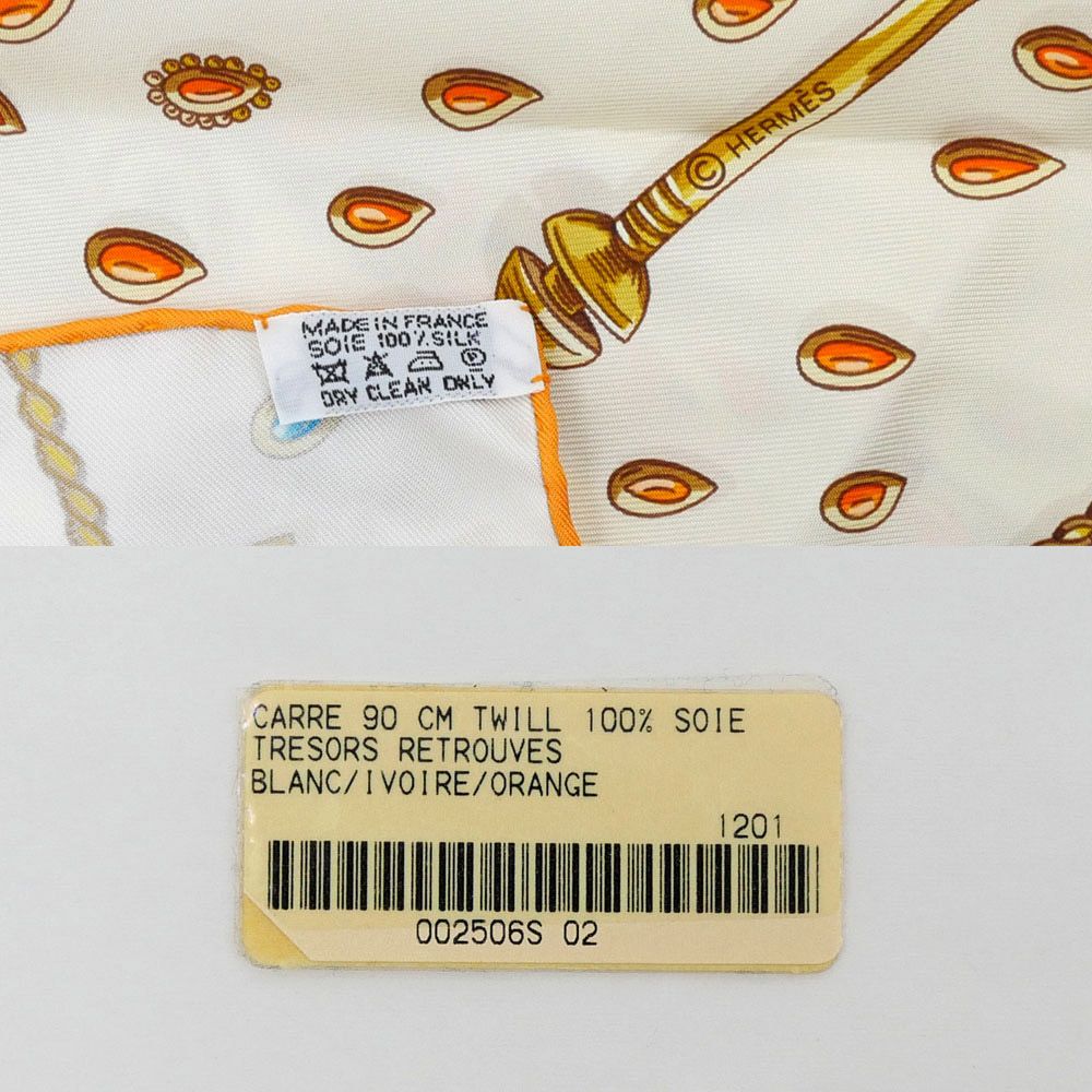 Hermes Carre 90 Tresors Retrouves Hidden Treasure with Card White Orange Scarf