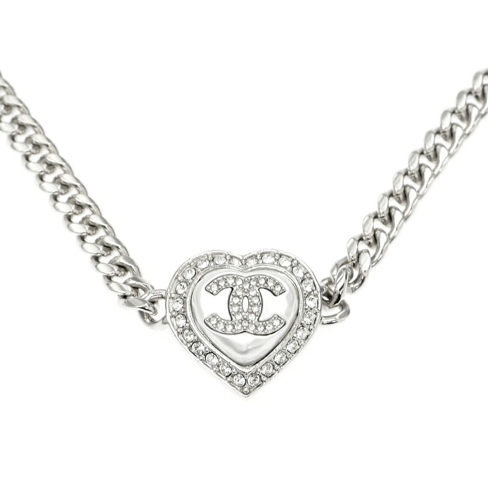 Chanel Necklace Coco Rhinestone Pearl Style Heart Top 39 Silver