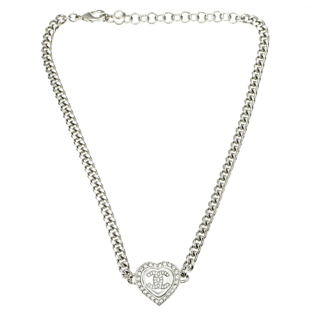 Chanel Necklace Coco Rhinestone Pearl Style Heart Top 39 Silver — view 7