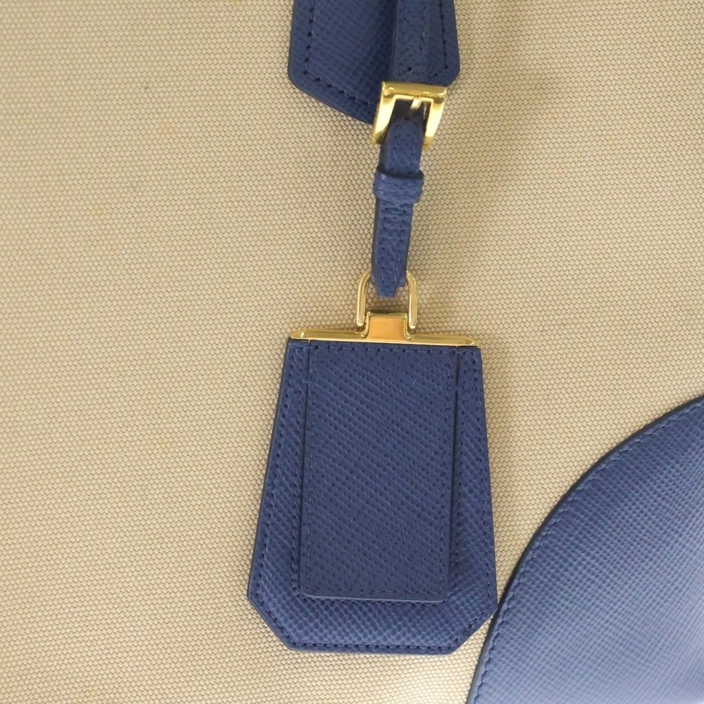 Prada Canapa City Tote Shoulder Bag 2-Way Saffiano Leather Canvas Blue Beige