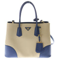 Prada Canapa City Tote Shoulder Bag 2-Way Saffiano Leather Canvas Blue Beige