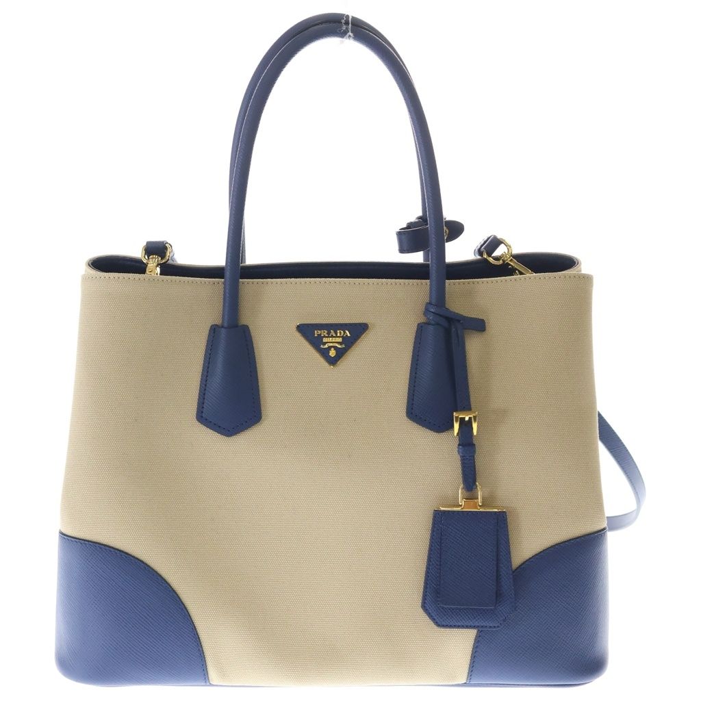Prada Canapa City Tote Shoulder Bag 2-Way Saffiano Leather Canvas Blue Beige