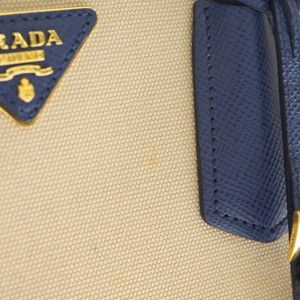 Prada Canapa City Tote Shoulder Bag 2-Way Saffiano Leather Canvas Blue Beige