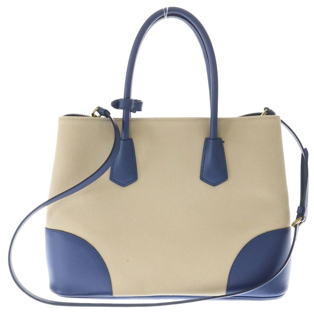 Prada Canapa City Tote Shoulder Bag 2-Way Saffiano Leather Canvas Blue Beige