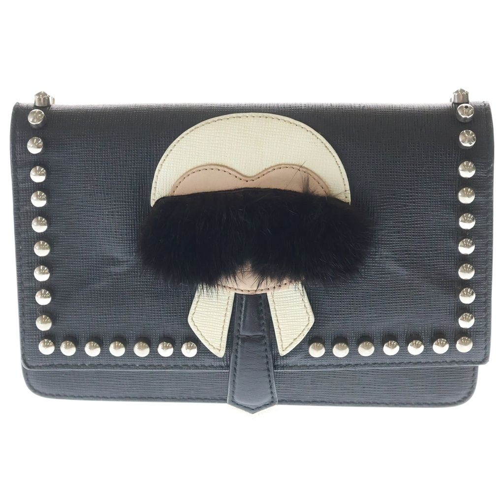 Fendi Karlaga Feld Chain Mini Shoulder Bag Black Leather Silver