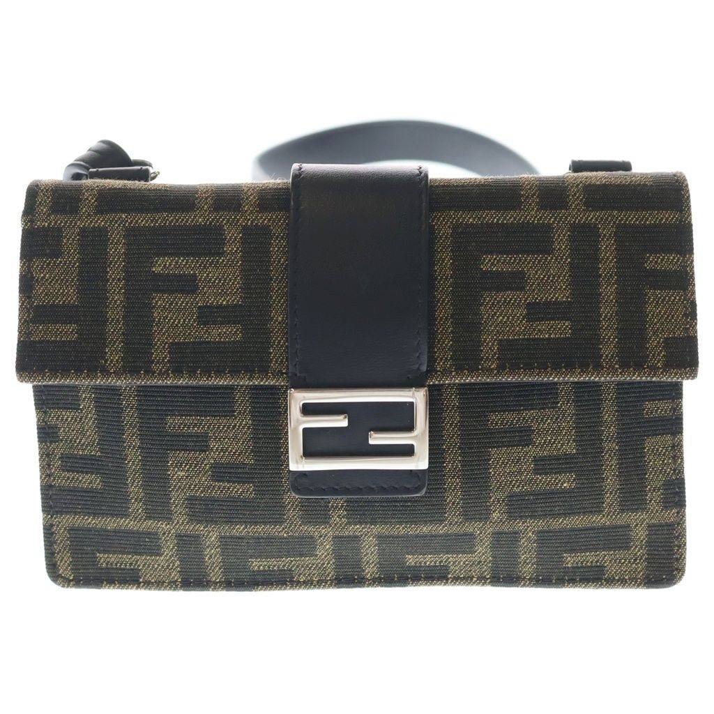 Fendi Zucca Mini Shoulder Bag Black Brown Leather Canvas Silver