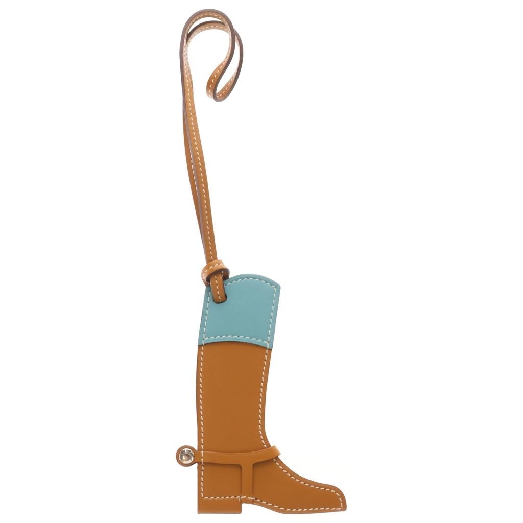 Hermes Paddock Bot Vo Batra Veau Swift Boots Motif Bag Charm Natural Sable Blue
