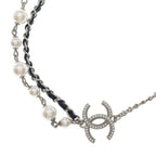 Chanel CC Logo Faux Pearl Rhinestone Leather Chain Necklace Choker Silver