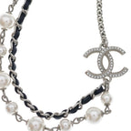 Chanel CC Logo Faux Pearl Rhinestone Leather Chain Necklace Choker Silver — view 3