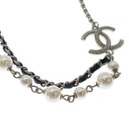 Chanel CC Logo Faux Pearl Rhinestone Leather Chain Necklace Choker Silver — view 5