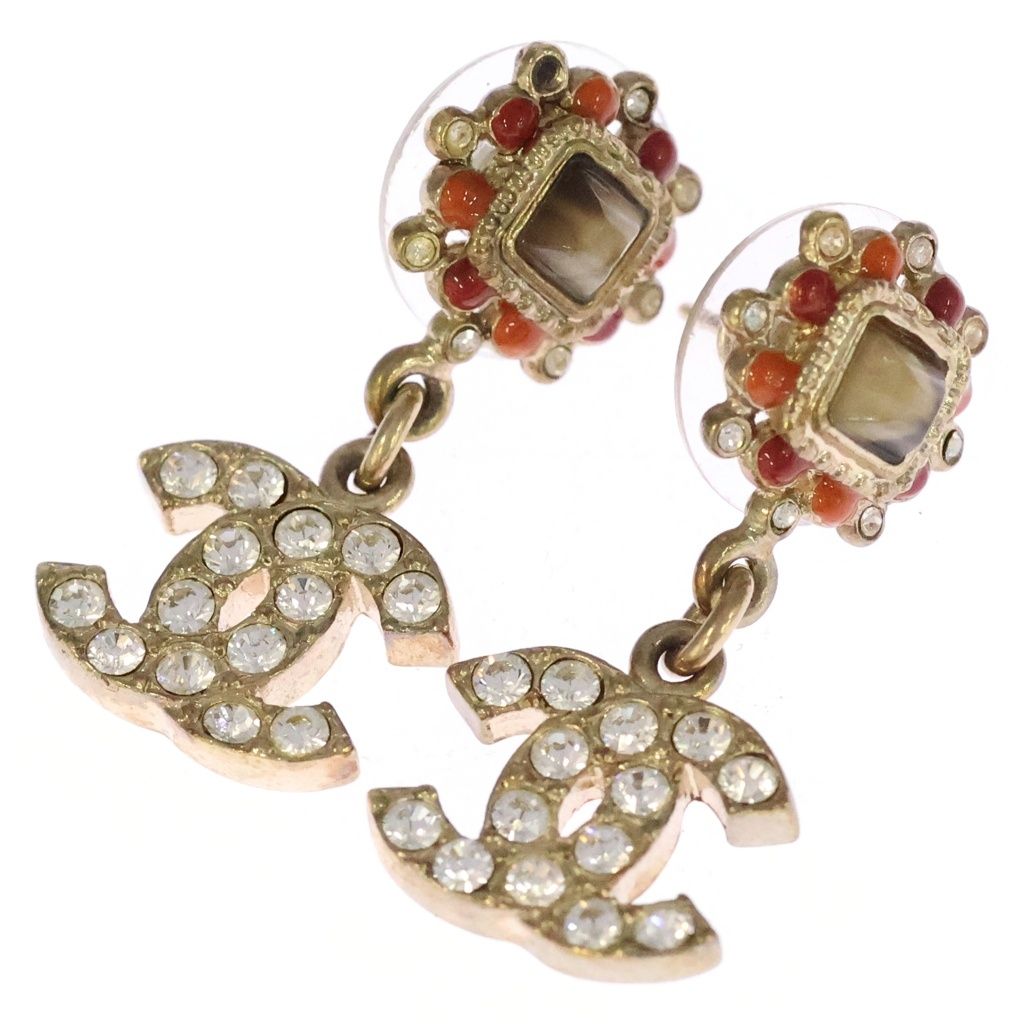 Chanel CC Logo Rhinestone Drop Earrings Gold