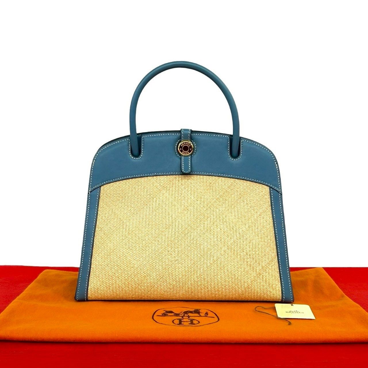 Hermes Dalvi Logo Panama Swift Leather Handbag Mini Tote Blue Jean