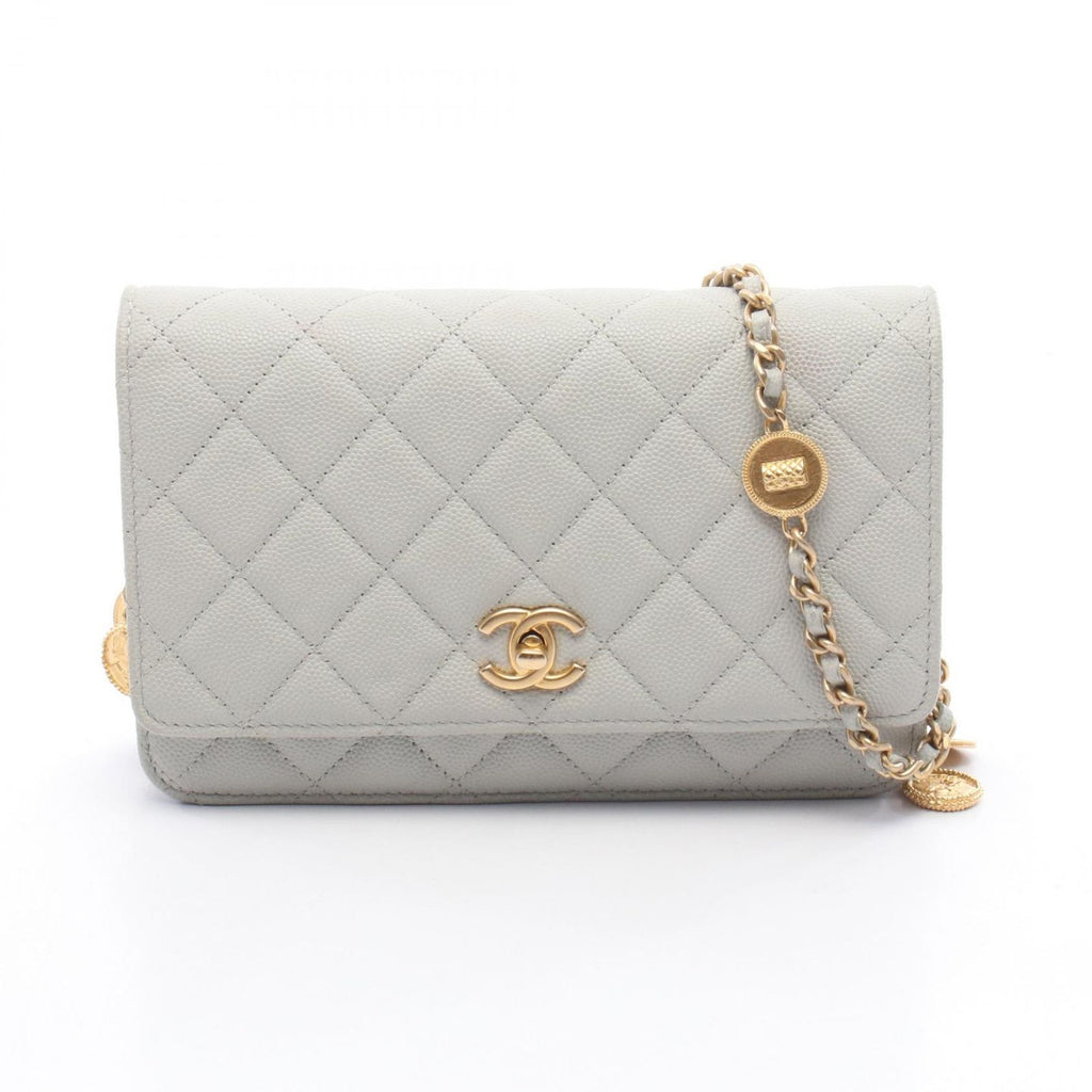 Chanel Shoulder Bag Quilted Light Gray Caviar Leather Chain Wallet