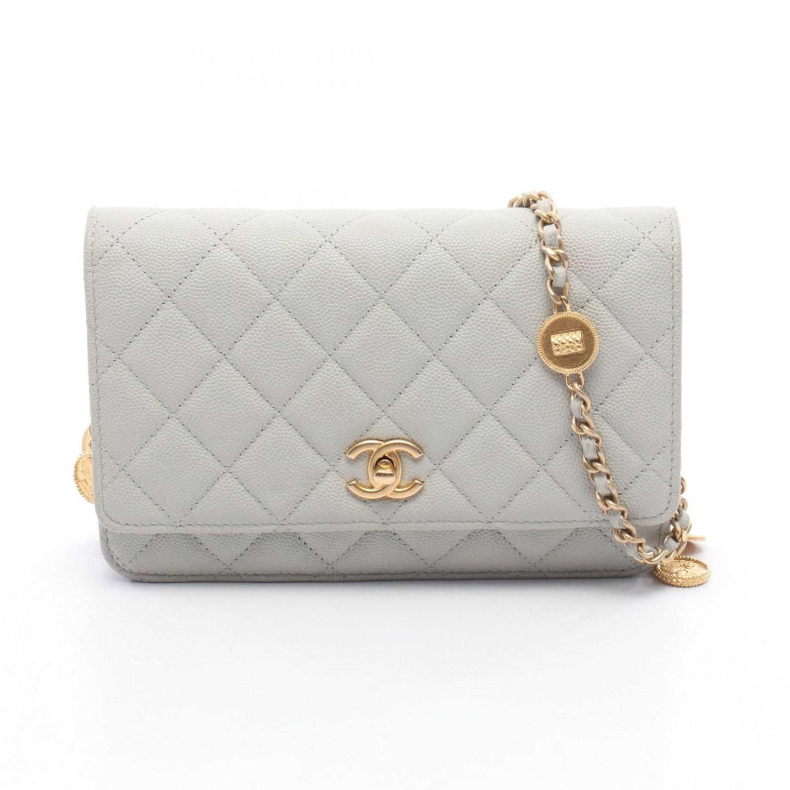Chanel Shoulder Bag Quilted Light Gray Caviar Leather Chain Wallet