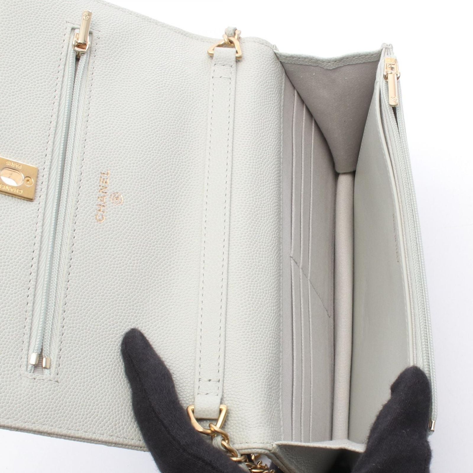Chanel Shoulder Bag Quilted Light Gray Caviar Leather Chain Wallet — view 3