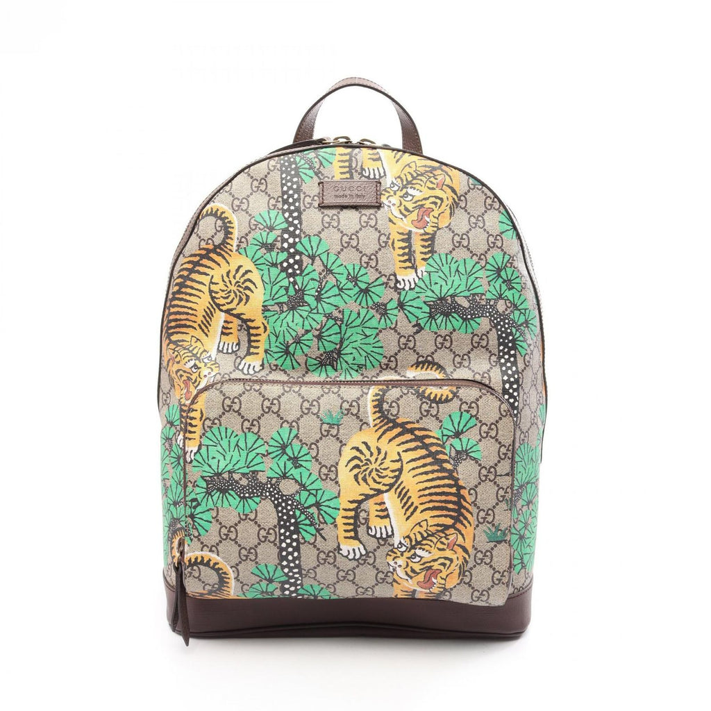 Gucci Backpack GG Supreme Bengal Sherry Line Beige Dark Brown Canvas Leather