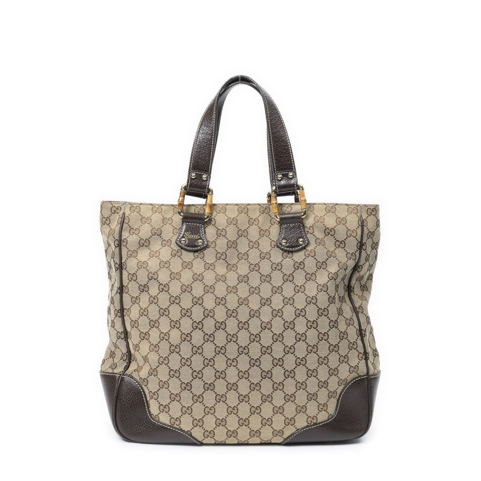 Gucci Bamboo Horsebit Tote Beige Brown GG Canvas