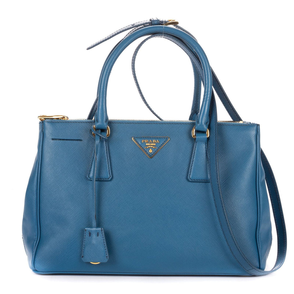 Prada Large Double Zip Galleria Tote Blue Saffiano Leather