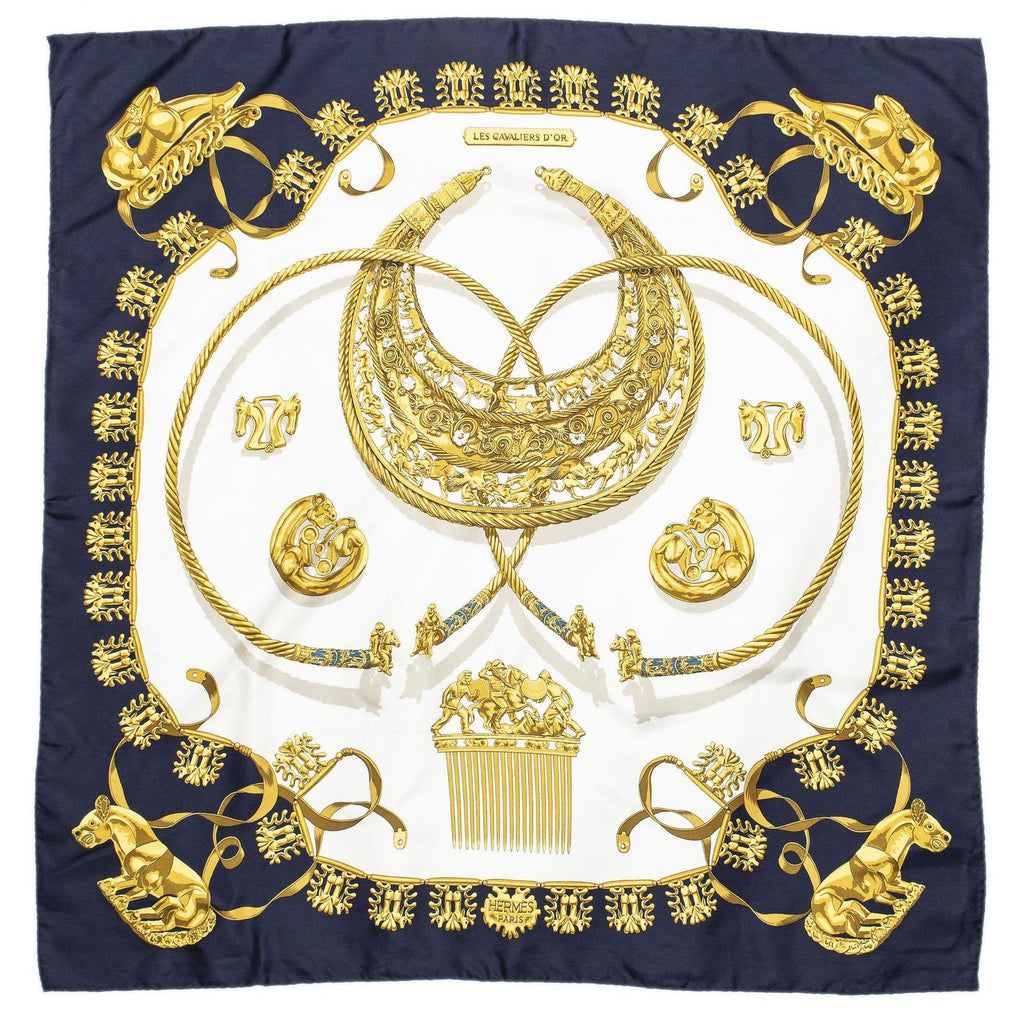 Hermes Scarf Navy Gold Ivory Silk — view 2